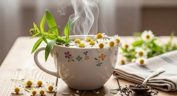 Una taza blanca decorada con flores contiene una infusión humeante, flotando manzanillas y una ramita de cedrón. Está sobre una mesa de madera con flores y una cuchara.