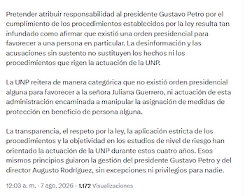 La UNP sostiene que el retiro del esquema siguió el protocolo previsto para exfuncionarios - crédito @UNPColombia/X