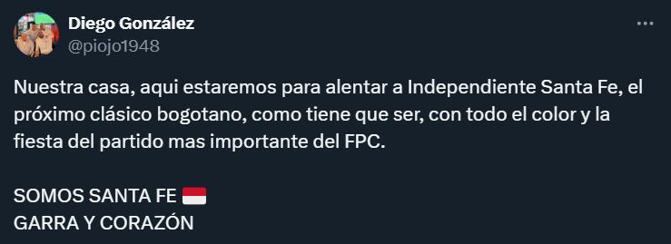 Líder de la barra de Santa Fe confirmó la presencia de la hinchada Cardenal en el clásico bogotano- crédito @piojo1948/X