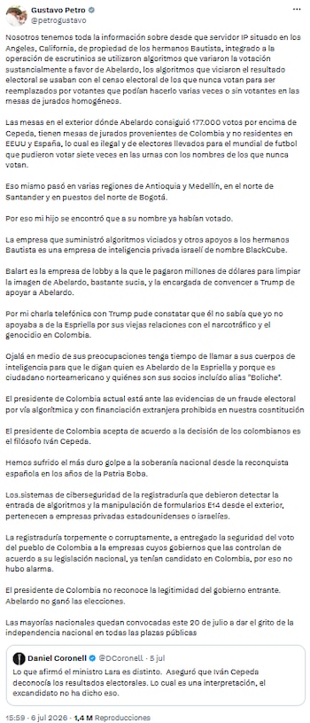 Gustavo Petro denunció nuevamente fraude electoral y acusó intervención extranjera en los comicios presidenciales - crédito @petrogustavo/X