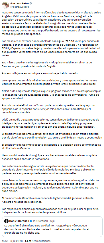 Gustavo Petro denunció nuevamente fraude electoral y acusó intervención extranjera en los comicios presidenciales - crédito @petrogustavo/X