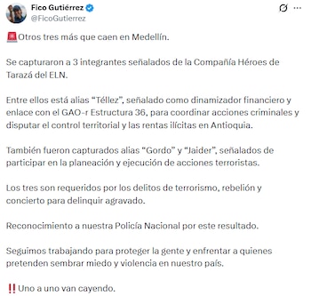 Federico Gutiérrez, alcalde de Medellín, sobre las capturas realizadas por la Policía Nacional - crédito @ficogutierrez/X