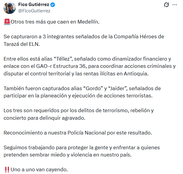Federico Gutiérrez, alcalde de Medellín, sobre las capturas realizadas por la Policía Nacional - crédito @ficogutierrez/X