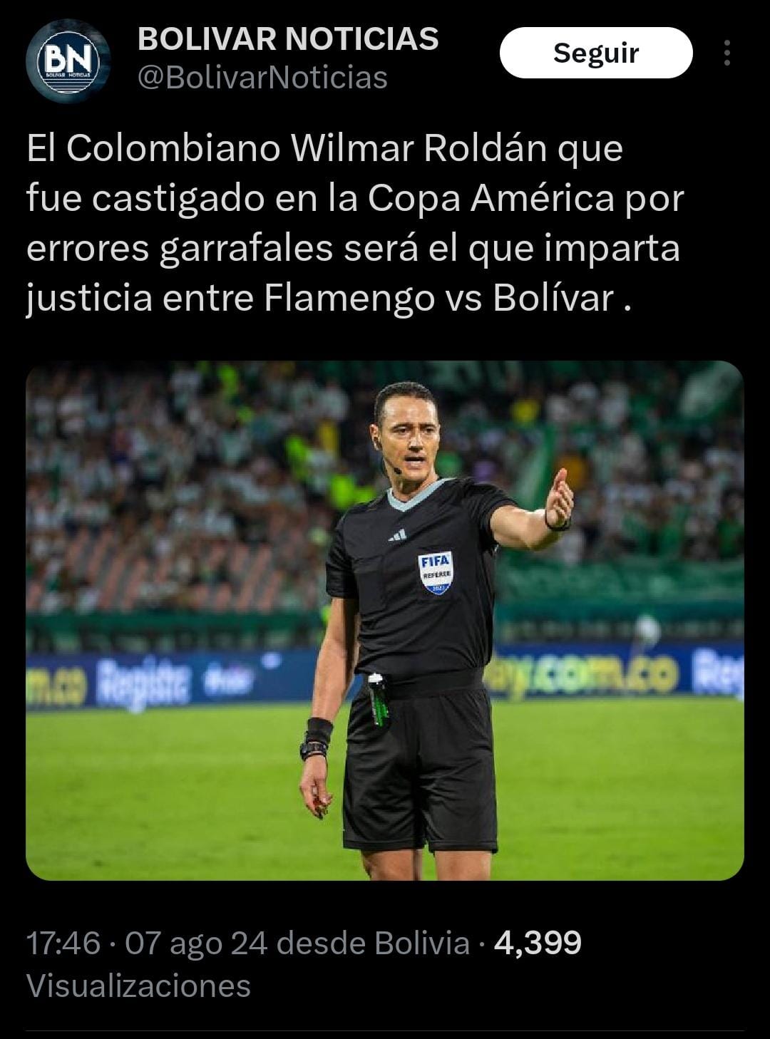 Así fue el trino lleno de críticas en contra de la designación del colombiano por parte de la página de hinchas de Bolívar de La Paz - crédito @BolivarNoticias / X