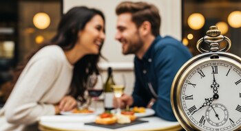 Reloj de bolsillo antiguo con números romanos en primer plano, detrás una pareja sonriente en una mesa con comida y bebida borrosa.