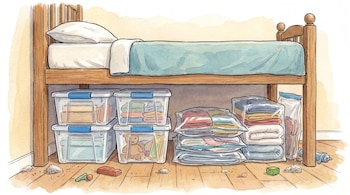 Ilustración de la parte inferior de una cama de madera con sábanas blancas y colcha azul, mostrando contenedores transparentes y bolsas de compresión.