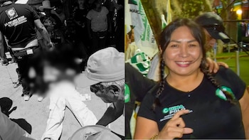 Imagen dividida con una escena en el suelo rodeada de personas y el retrato de una mujer sonriente con una camiseta de campaña política