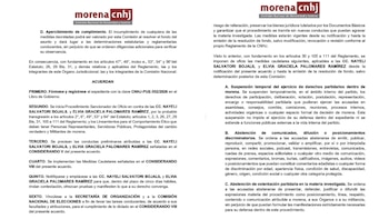 Resolución provisional de Morena por el caso de Nay Salvatori y Grace Palomares.