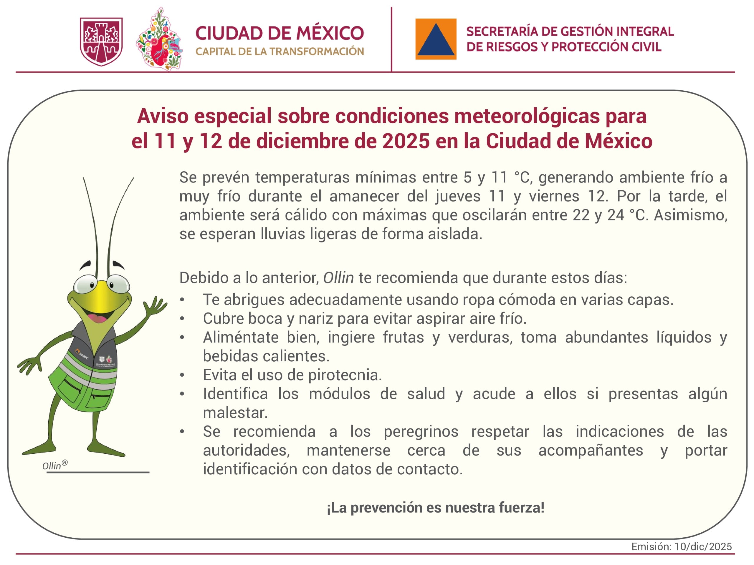 CDMX emite aviso especial por bajas temperaturas. Foto: X/@SGIRPC_CDMX.