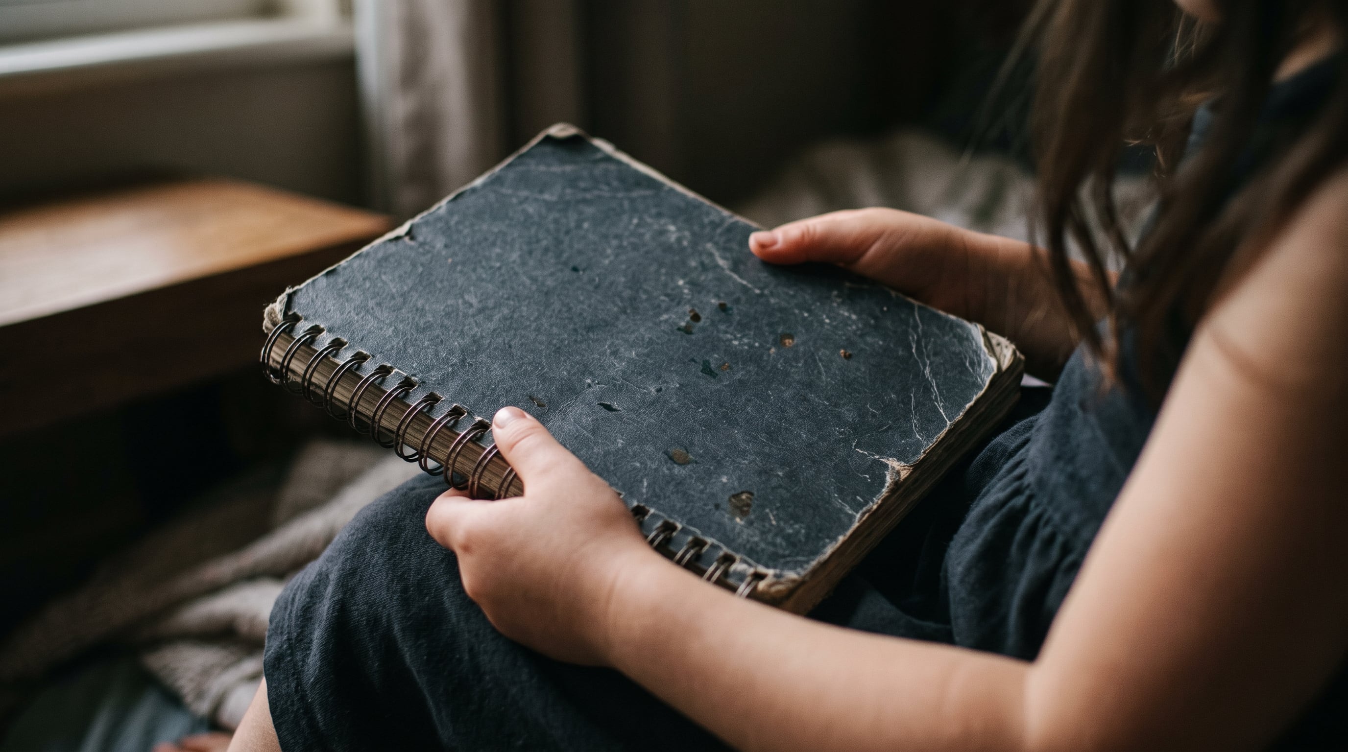 Una niña sostiene entre sus manos un cuaderno cerrado de espirales desgastado cerca de una ventana. (Imagen Ilustrativa Infobae)