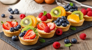 Primer plano de tartaletas de frutas variadas con fresas, arándanos, frambuesas, kiwi y naranja sobre una crema, presentadas en una tabla de pizarra.
