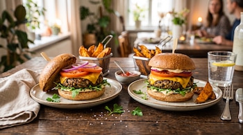 Dos hamburguesas con queso, tomate y cebolla en platos de cerámica, junto a cestas con patatas fritas y un vaso sobre una mesa de madera.