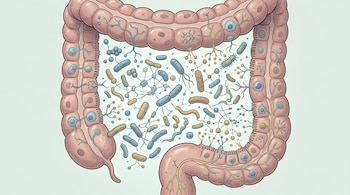 Ilustración médica de un intestino humano que contiene una gran variedad de bacterias y otros microorganismos de diferentes formas y colores.
