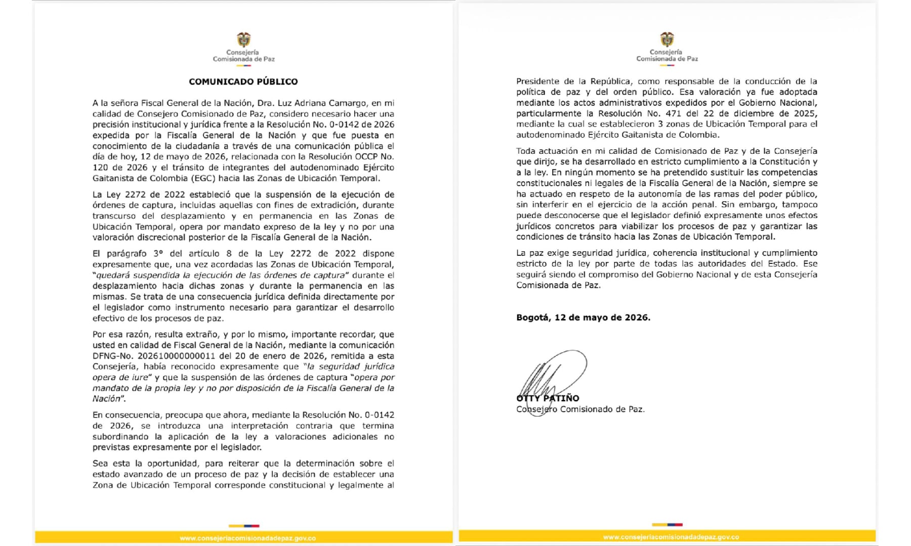La Consejería Comisionada de Paz rechazó decisión de la Fiscalía de no suspender las órdenes de captura de 29 integrantes del EGC - crédito @ComisionadoPaz/X