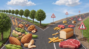 Un camino de asfalto se bifurca en dos sendas. En la izquierda hay nueces, legumbres y cereales. En la derecha, carne, pan, patatas fritas y señales de advertencia.