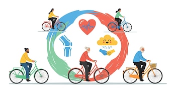 Ilustración plana de cinco personas de diversas edades pedaleando bicicletas alrededor de un gran círculo con íconos de corazón, rodilla, nube feliz y manos unidas.