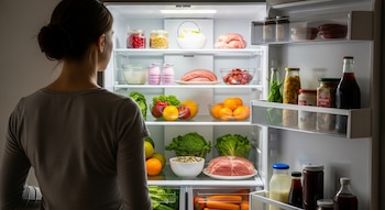 Una mujer vista de espalda mira el interior de un refrigerador moderno y bien iluminado, repleto de frutas, verduras, carnes y lácteos frescos.