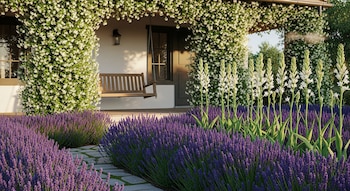 Un porche de casa cubierto de jazmines blancos con un columpio de madera, rodeado por camas de lavanda morada y nardos blancos en un jardín soleado.
