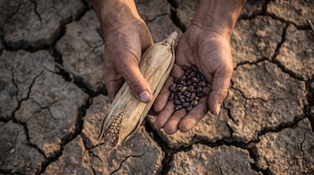 Dos manos sostienen una mazorca de maíz seca y un puñado de frijoles sobre una superficie de tierra agrietada.