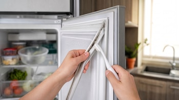Manos sujetan la junta de goma de la puerta de un refrigerador mientras la limpian con un cepillo de dientes blanco.