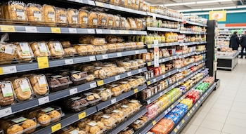 Una vista de estantes de supermercado repletos de paquetes transparentes de panes, muffins y otros productos de panadería.