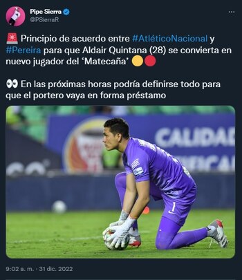 Trino confirmando el principio de acuerdo entre Nacional y Pereira para la cesión de Aldair Quintana