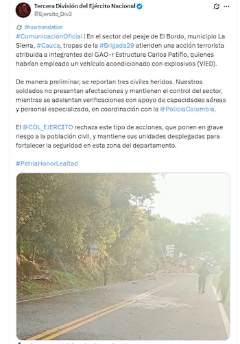 El atentado fue atribuido a la estructura Carlos Patiño de las disidencias de las Farc - crédito @Ejercito_Div3/X