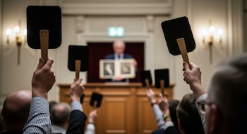 Primer plano de manos sosteniendo paletas de subasta levantadas, con un subastador borroso en el fondo presentando un portafolio a la audiencia.