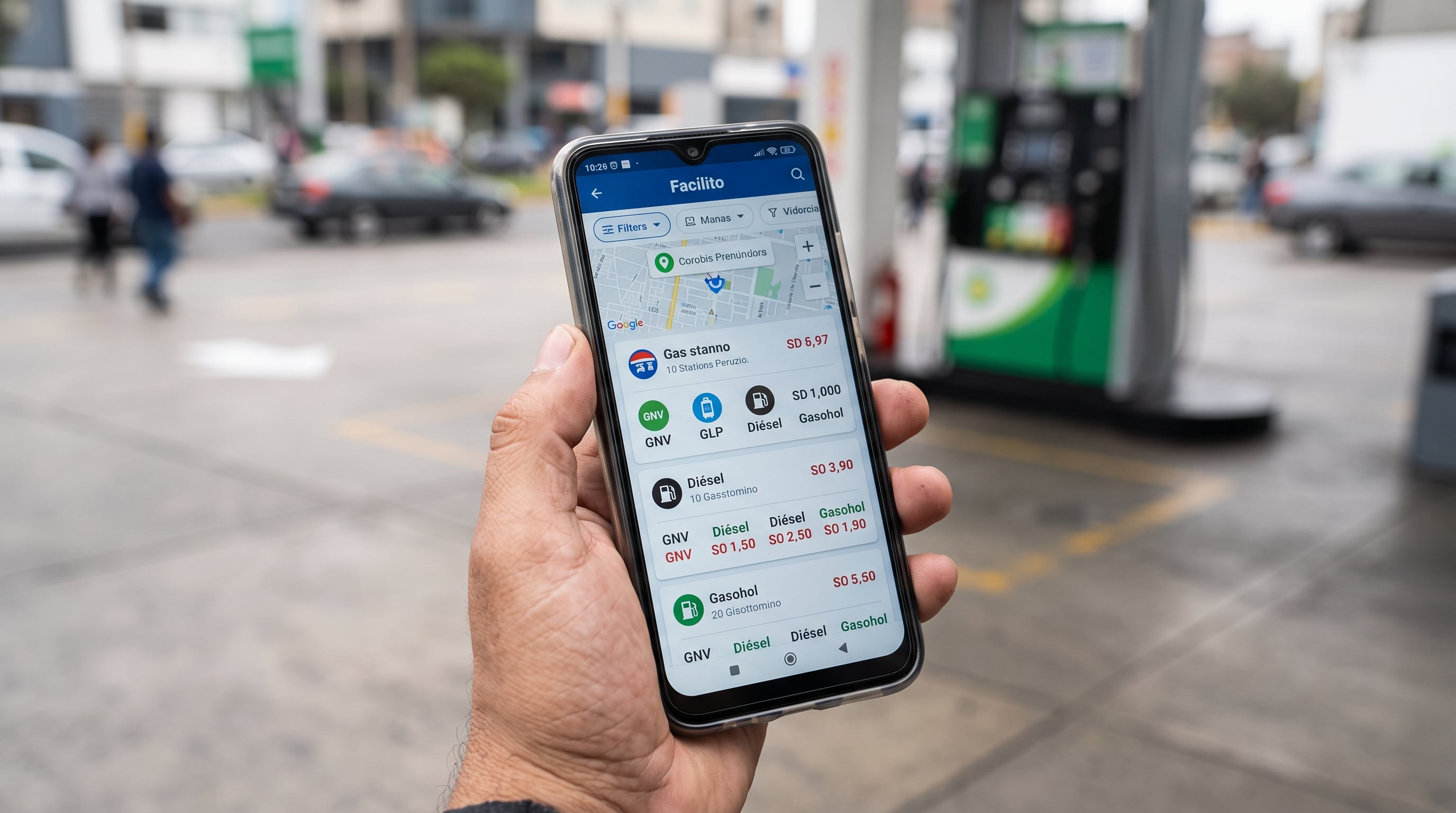 Una persona consulta los precios de combustibles en la aplicación Facilito frente a un surtidor en una estación de servicio en Lima. (Imagen Ilustrativa Infobae)