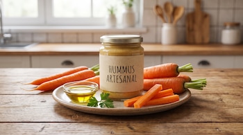 Un frasco de vidrio con la etiqueta HUMMUS ARTESANAL, bastones de zanahoria, zanahorias enteras y un cuenco con aceite sobre un plato.