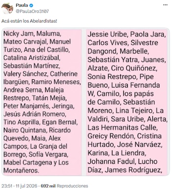 Lista viral en X señaló a celebridades como “Abelardistas” y desató debate en redes - crédito @PaulaOro3107/X