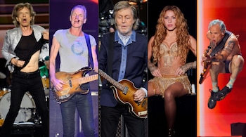 Cinco franjas verticales con fotos de Mick Jagger, Sting, Paul McCartney, Shakira y Flea actuando en vivo en un escenario.