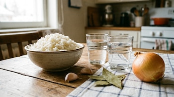 Un bol de arroz blanco humeante, dos vasos de agua, dos dientes de ajo, hojas de laurel secas y una cebolla, sobre una mesa de madera.