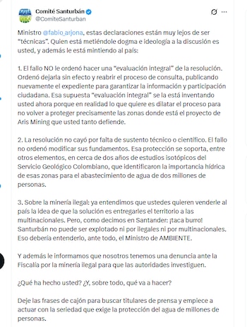 El Comité Santurbán señaló al ministro de Ambiente Fabio Arjona de defender decisiones institucionales sin rigor técnico - crédito @ComiteSanturban/X