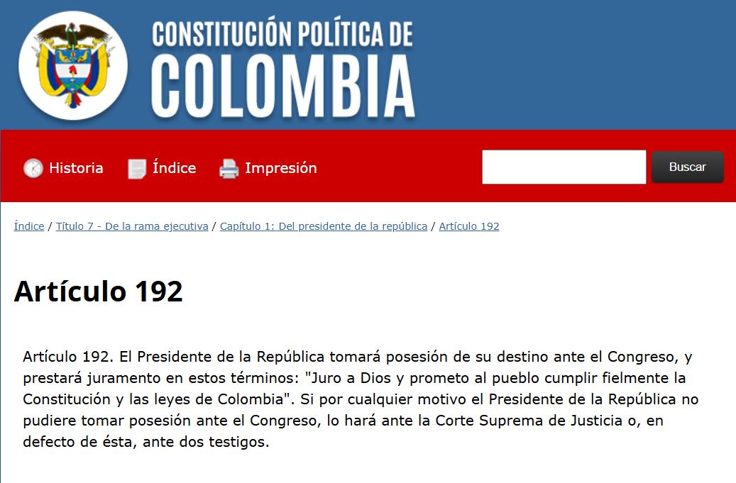 El artículo 192 de la Constitución Política de Colombia indica que la posesión del presidente de la República se hace ante el Congreso - crédito Constitución Política de Colombia