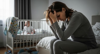 Una mujer, con ropa gris, se sienta en una cama con las manos en la cabeza, visiblemente angustiada. En el fondo, un bebé llora en una cuna blanca.