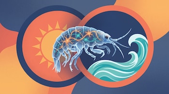 Ilustración de un crustáceo transparente con líneas internas brillantes entre un círculo con un sol y otro con olas marinas.