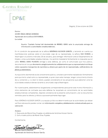 El abogado de Alcocer explicó que el traslado de la respuesta de Grau busca que Ferrer y su representante legal conozcan directamente el contenido del pronunciamiento y puedan considerarlo en las actuaciones que adelanten ante las autoridades de Estados Unidos - cédito @penalyempresa/X