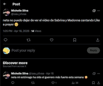 Captura de pantalla de una publicación en X (Twitter) de Michelle Silva mostrando texto sobre un video de Sabrina y Madonna, con fecha y recuento de vistas