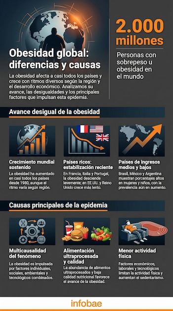 Infografía sobre obesidad global. Muestra gráficos de crecimiento, banderas de países, mapas, iconos de comida rápida y persona sedentaria en sofá.