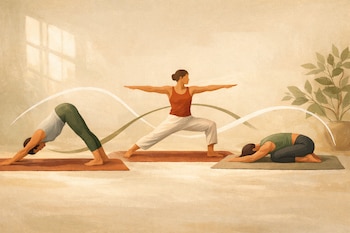 Tres figuras de personas practicando yoga sobre esterillas. Una en postura Perro Boca Abajo, otra en Guerrero II y la tercera en Postura del Niño. Hay una planta y luz.