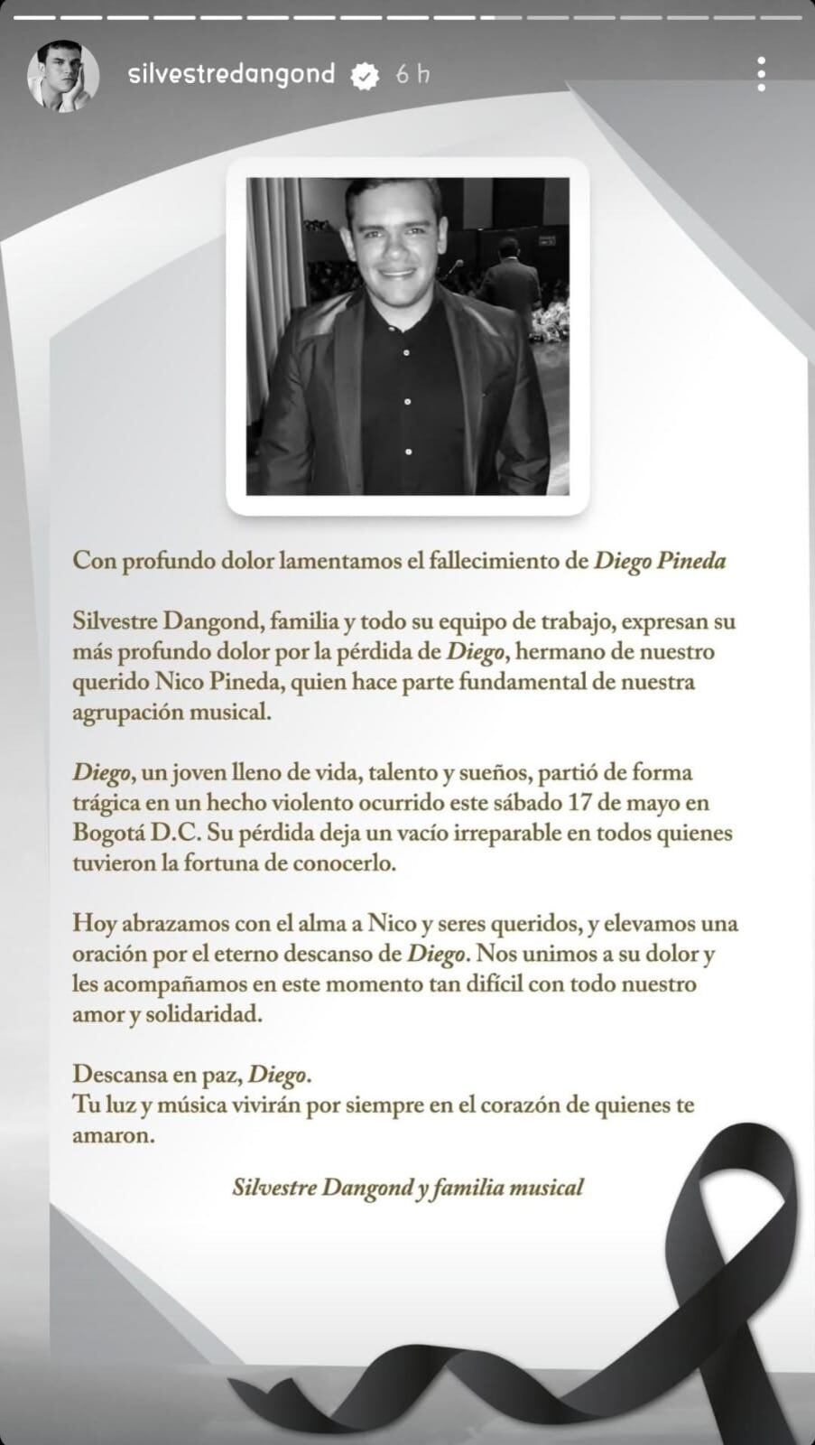El urumitero expresó sus condolencias por la muerte de Diego Pineda - crédito silvestredangond / Insragram