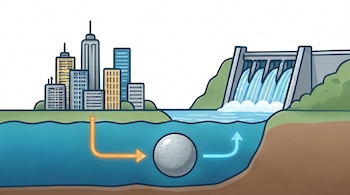 Ilustración: Edificios urbanos, un cuerpo de agua con una esfera gris sumergida y flechas de flujo, y una presa con agua cayendo, sobre fondo blanco.