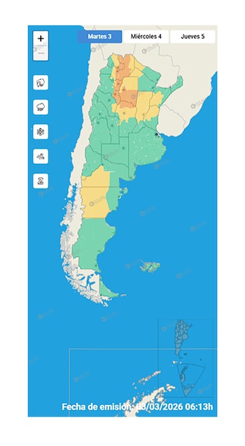 Mapa de alertas meteorológicas del Servicio Meteorológico Nacional para Argentina, con zonas marcadas en verde, amarillo y naranja para el 3 de marzo de 2026