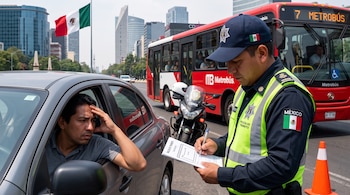 Un agente de tránsito escribe una multa frente al automóvil de un conductor, con un autobús rojo y la bandera de México al fondo.