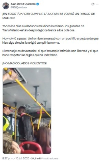 El concejal Juan David Quintero rechazó los episodios de violencia contra el personal de seguridad de TransMilenio durante las últimas semanas - crédito @JD_Quinteror/X