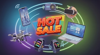 Ilustración 3D con el texto "HOT SALE" al centro, rodeado de un smartphone, proyector, visor VR, portátil, dos smartwatches y un dron, con líneas futuristas.