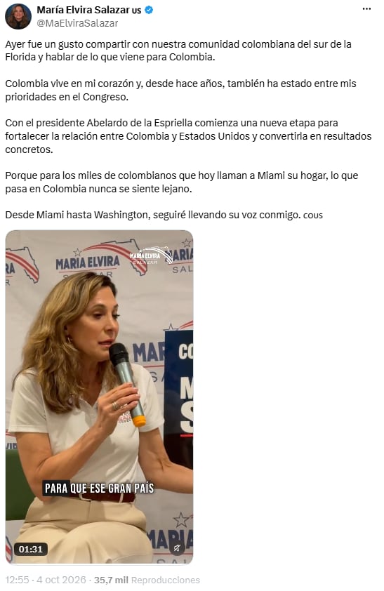 María Elvira Salazar respaldó a Abelardo de la Espriella en un encuentro con colombianos en Florida - crédito@MaElviraSalazar/X