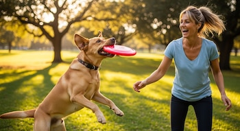 Perro Labrador Retriever color arena saltando para atrapar un disco volador rojo. Detrás, una mujer rubia sonriente. Fondo de parque verde con árboles.