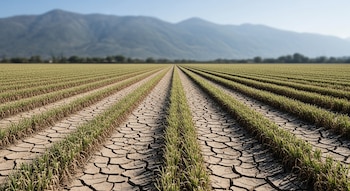 Campo con suelo seco y agrietado, hileras de plantas de cultivo marchitas, y montañas borrosas en el fondo bajo un cielo despejado.